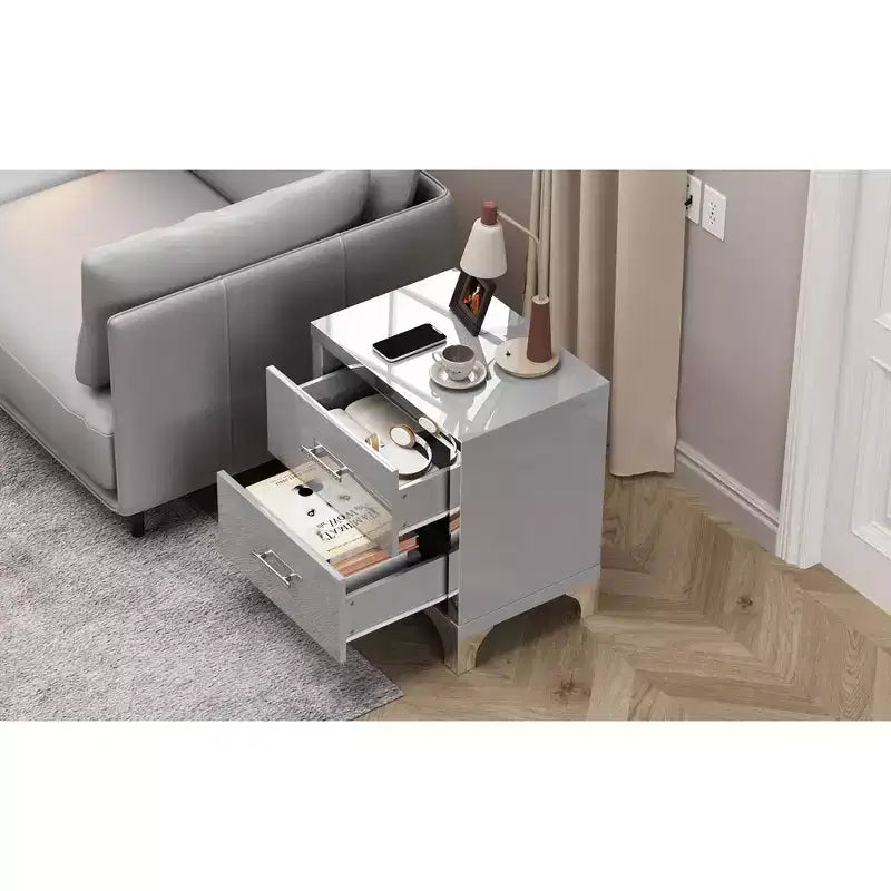 Table de chevet moderne élégante avec 2 tiroirs et accents en miroir, finition très brillante, pour chambre à coucher ou salon