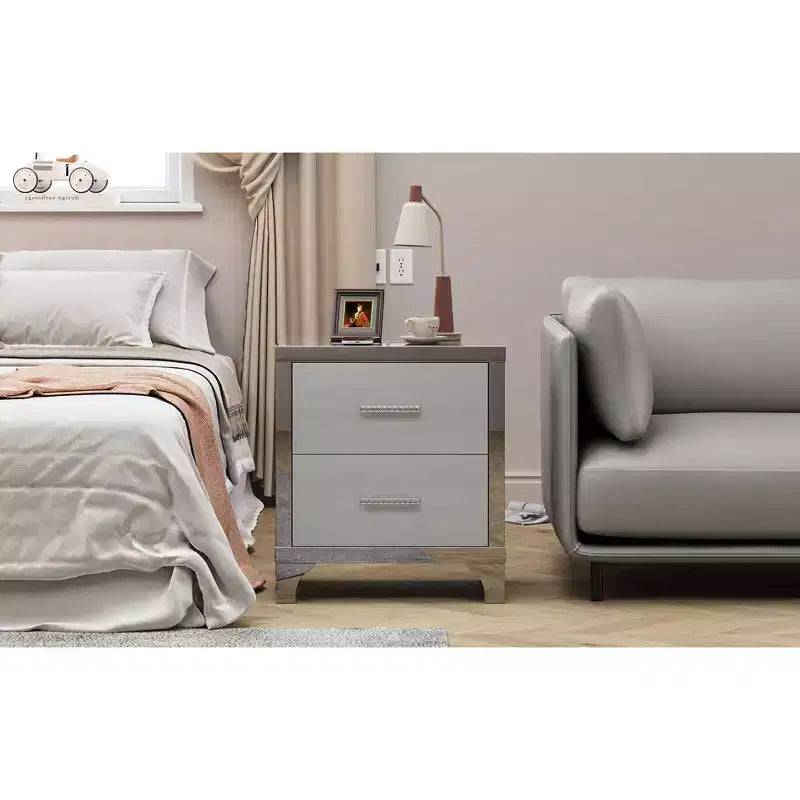 Table de chevet moderne élégante avec 2 tiroirs et accents en miroir, finition très brillante, pour chambre à coucher ou salon