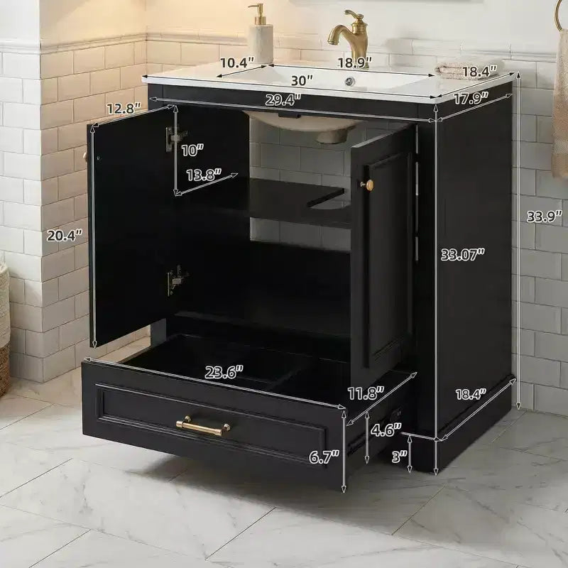 JVNOXK Meuble-lavabo de salle de bain 30 po en bois massif avec lavabo en céramique et 2 portes à fermeture douce
