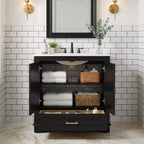 JVNOXK Meuble-lavabo de salle de bain 30 po en bois massif avec lavabo en céramique et 2 portes à fermeture douce