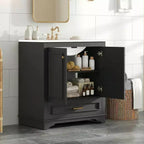 JVNOXK Meuble-lavabo de salle de bain 30 po en bois massif avec lavabo en céramique et 2 portes à fermeture douce
