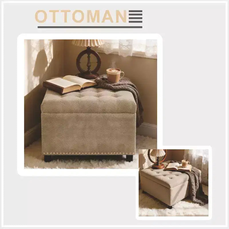 Pouf de rangement carré capitonné GDFStudio Sapir avec clous décoratifs