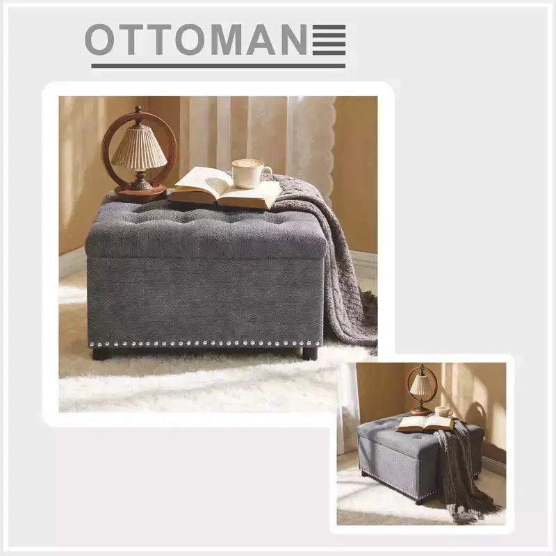 Pouf de rangement carré capitonné GDFStudio Sapir avec clous décoratifs