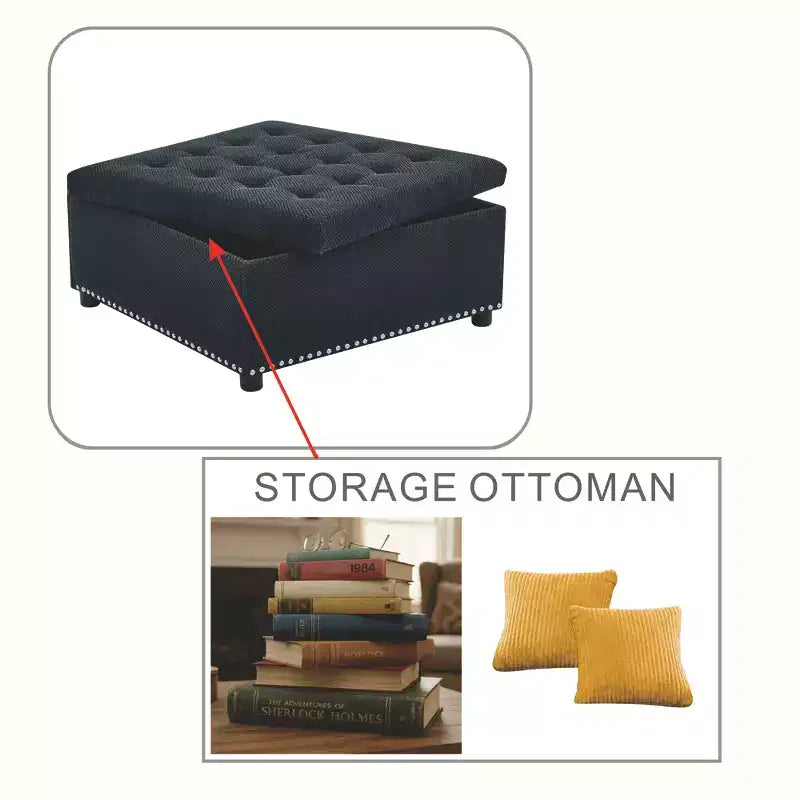 Pouf de rangement carré capitonné GDFStudio Sapir avec clous décoratifs