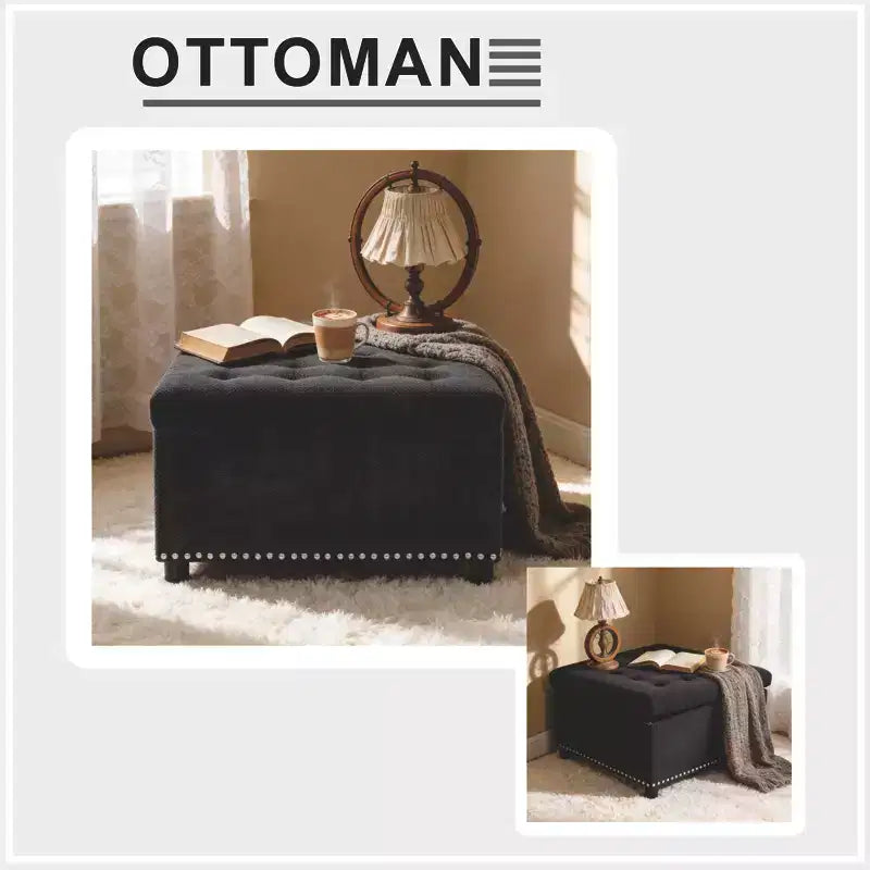 Pouf de rangement carré capitonné GDFStudio Sapir avec clous décoratifs