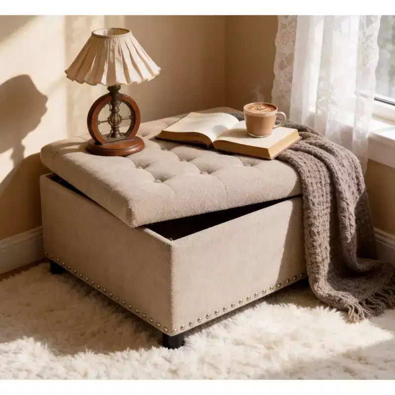 Pouf de rangement carré capitonné GDFStudio Sapir avec clous décoratifs