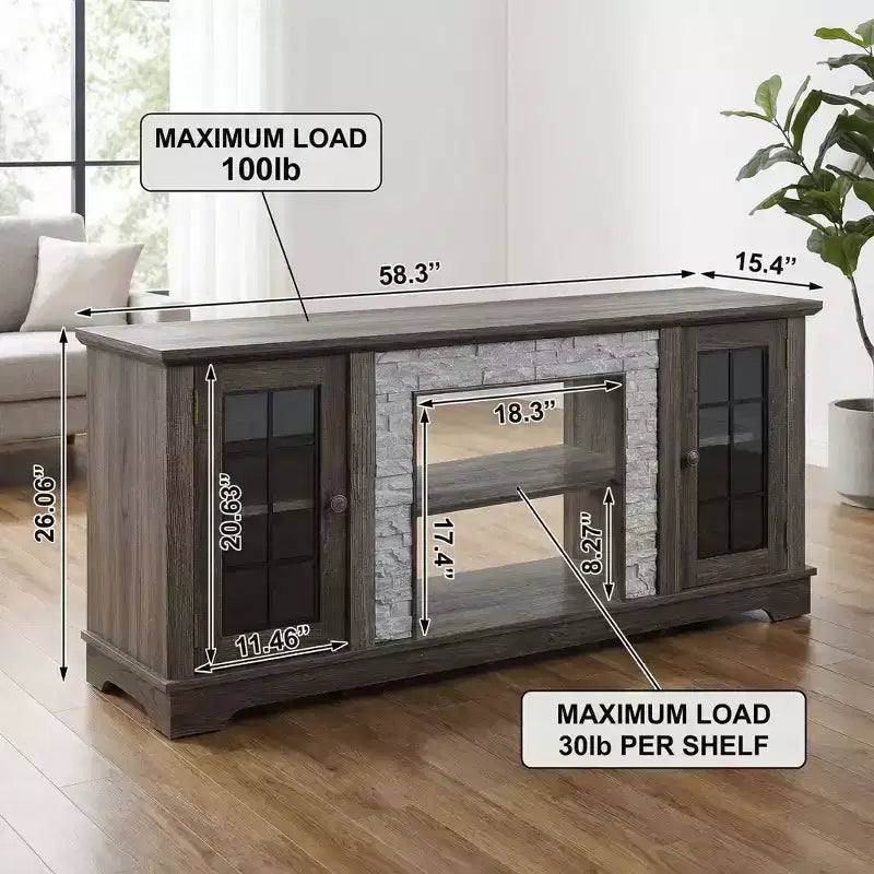 Meuble TV moderne gris JVNOXK 58 avec 2 portes et finition en fausse pierre