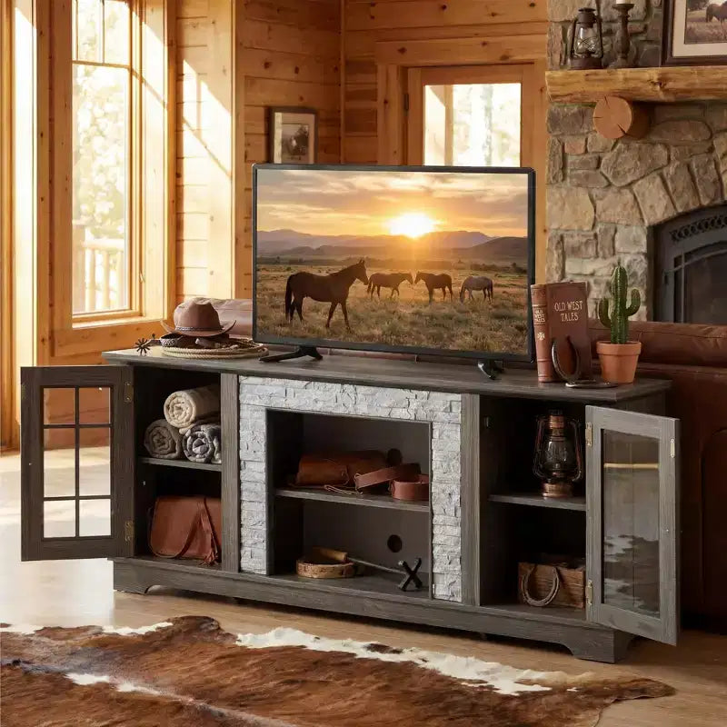 Meuble TV moderne gris JVNOXK 58 avec 2 portes et finition en fausse pierre