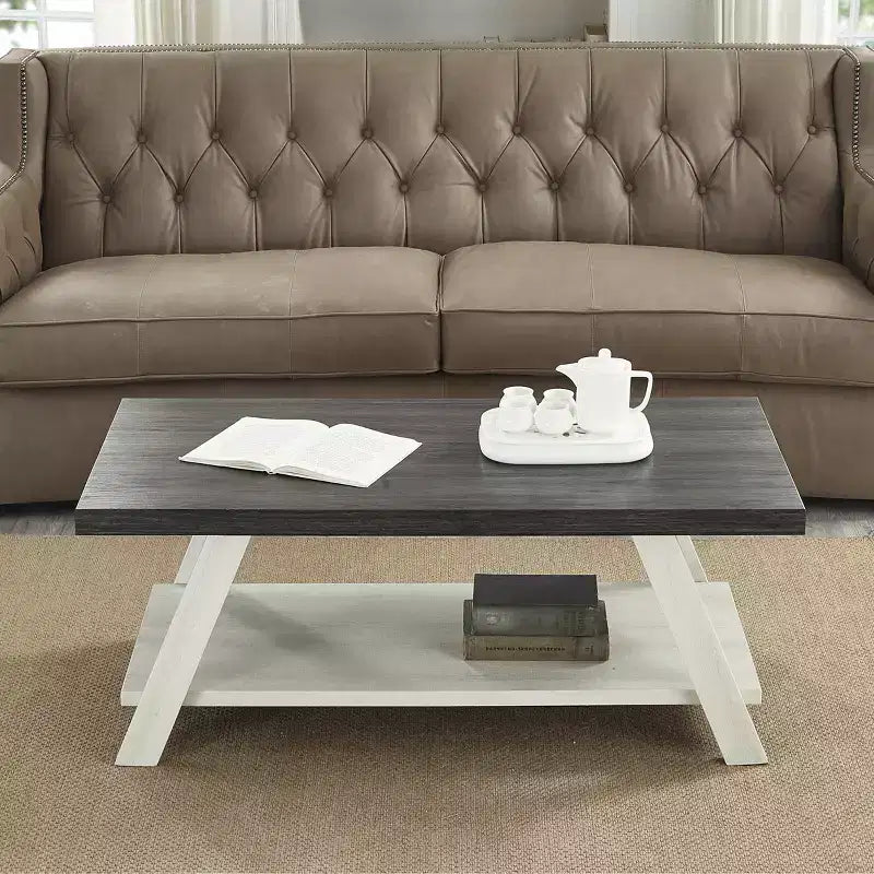 Fun little toys brand Athens Contemporary Two-Tone Wood Shelf Coffee Table in Weathered Charcoal and Beige