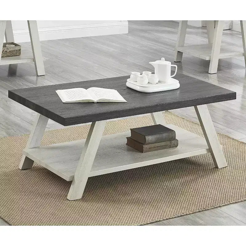 Charmante petite marque de jouets Table basse étagère en bois bicolore contemporaine Athens, couleur charbon vieilli et beige