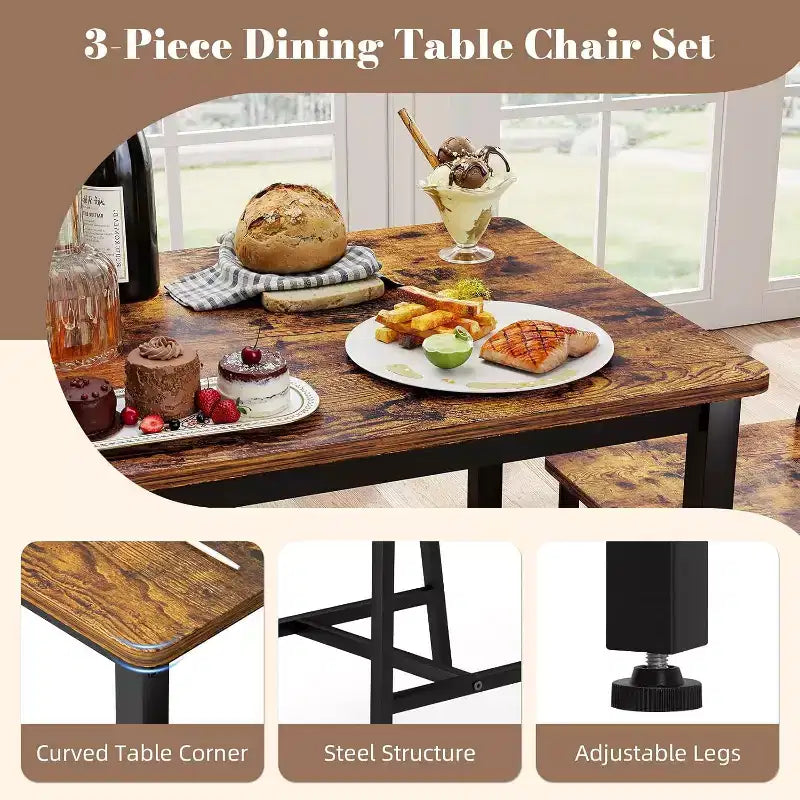 Ensemble de salle à manger rectangulaire 3 pièces MooxvMoo pour 2, ensemble de table de cuisine avec 2 chaises, meubles de coin repas pour cuisines, salle à manger, marron