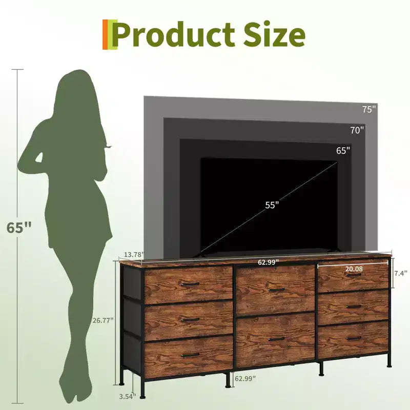Meuble TV de 160 cm avec 8 tiroirs en tissu, meuble TV pour téléviseurs de 45 à 65 pouces, meuble de rangement en métal et bois pour salon et chambre à coucher
