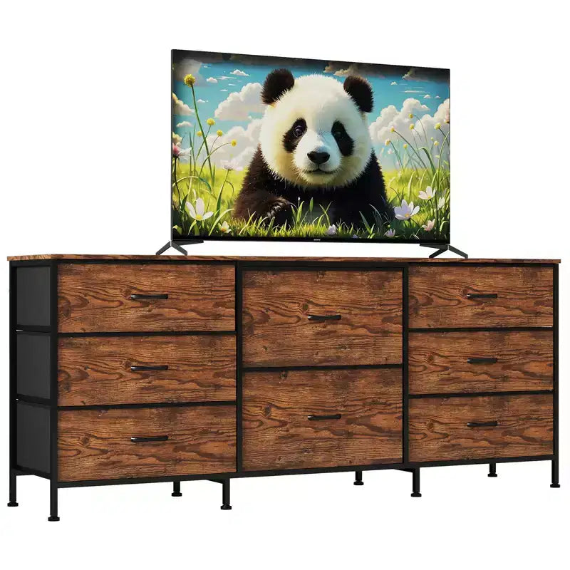 Meuble TV de 160 cm avec 8 tiroirs en tissu, meuble TV pour téléviseurs de 45 à 65 pouces, meuble de rangement en métal et bois pour salon et chambre à coucher