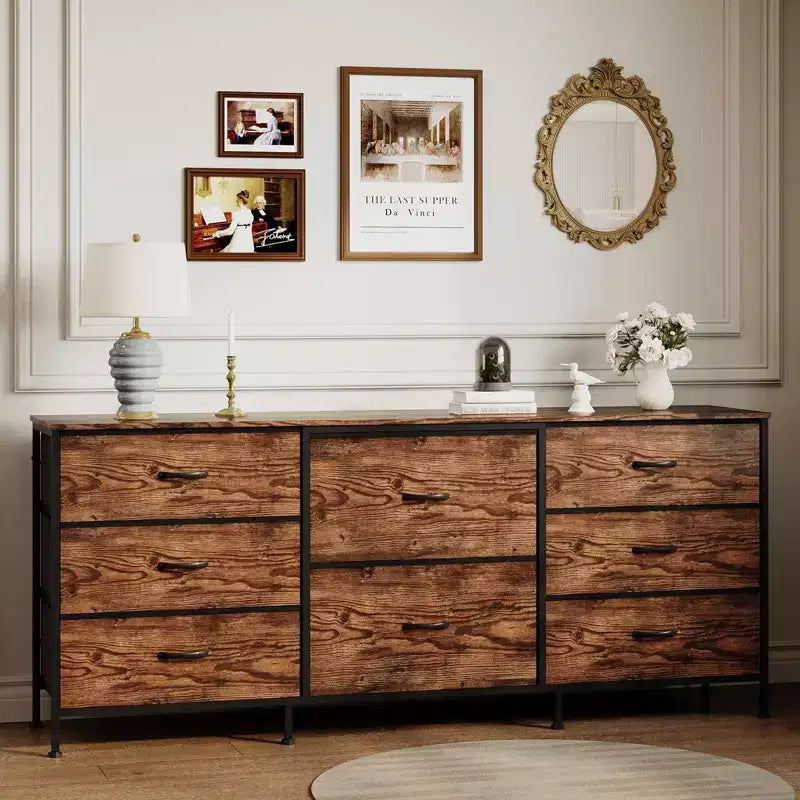 Meuble TV de 160 cm avec 8 tiroirs en tissu, meuble TV pour téléviseurs de 45 à 65 pouces, meuble de rangement en métal et bois pour salon et chambre à coucher