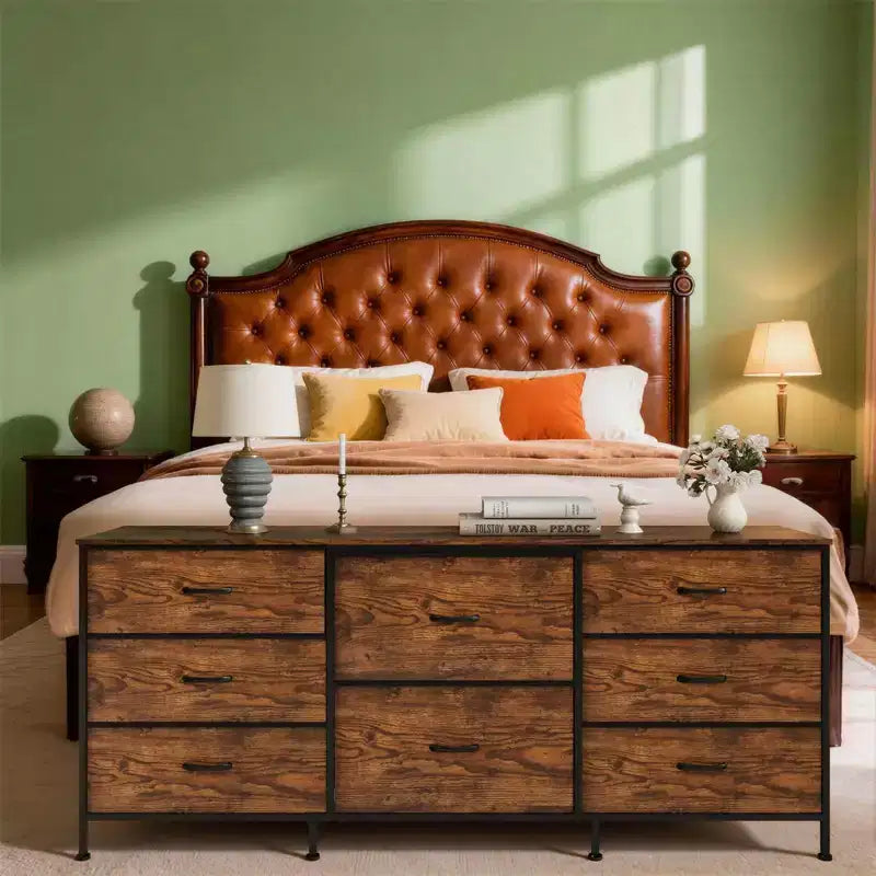 Meuble TV de 160 cm avec 8 tiroirs en tissu, meuble TV pour téléviseurs de 45 à 65 pouces, meuble de rangement en métal et bois pour salon et chambre à coucher