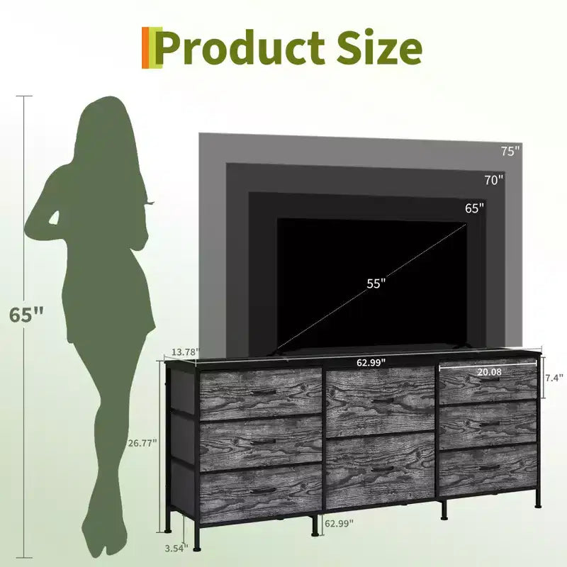 Meuble TV de 160 cm avec 8 tiroirs en tissu, meuble TV pour téléviseurs de 45 à 65 pouces, meuble de rangement en métal et bois pour salon et chambre à coucher