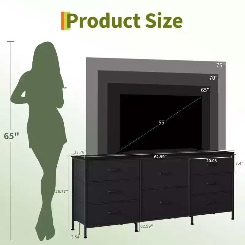 Meuble TV de 160 cm avec 8 tiroirs en tissu, meuble TV pour téléviseurs de 45 à 65 pouces, meuble de rangement en métal et bois pour salon et chambre à coucher