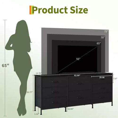 Meuble TV de 160 cm avec 8 tiroirs en tissu, meuble TV pour téléviseurs de 45 à 65 pouces, meuble de rangement en métal et bois pour salon et chambre à coucher