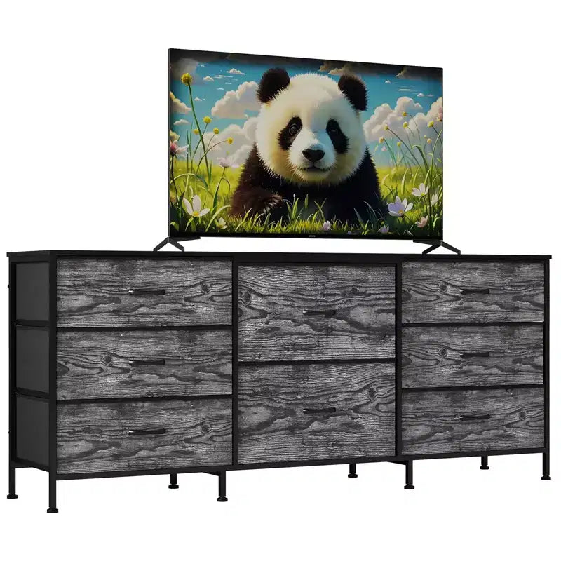 Meuble TV de 160 cm avec 8 tiroirs en tissu, meuble TV pour téléviseurs de 45 à 65 pouces, meuble de rangement en métal et bois pour salon et chambre à coucher