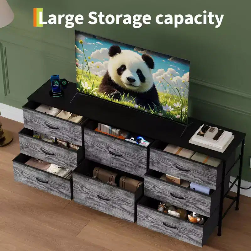 Meuble TV de 160 cm avec 8 tiroirs en tissu, meuble TV pour téléviseurs de 45 à 65 pouces, meuble de rangement en métal et bois pour salon et chambre à coucher