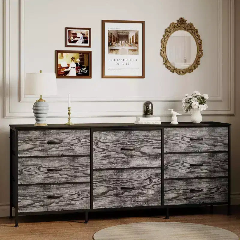 Meuble TV de 160 cm avec 8 tiroirs en tissu, meuble TV pour téléviseurs de 45 à 65 pouces, meuble de rangement en métal et bois pour salon et chambre à coucher