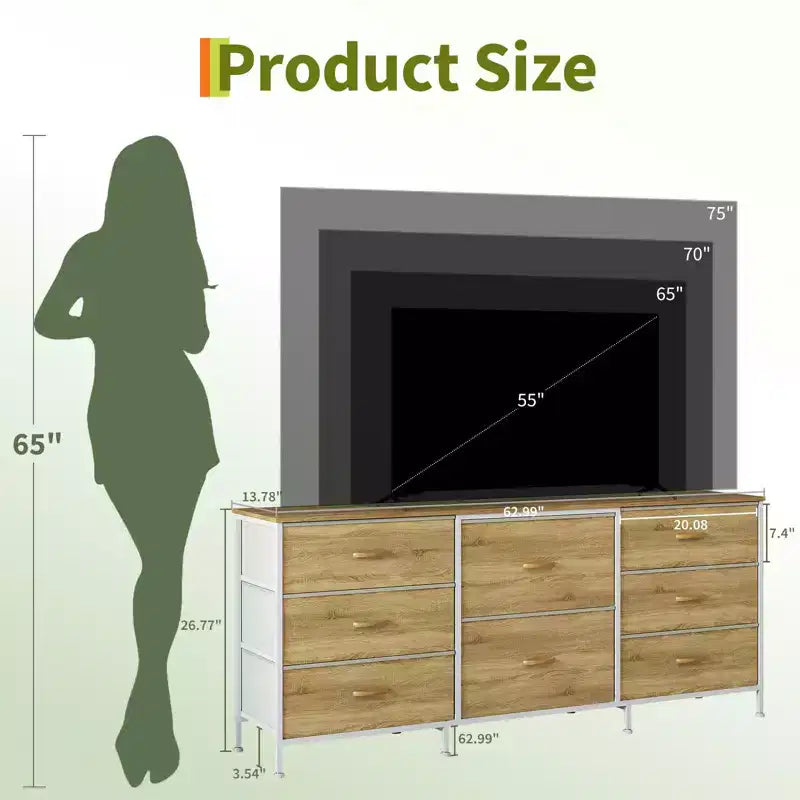 Meuble TV de 160 cm avec 8 tiroirs en tissu, meuble TV pour téléviseurs de 45 à 65 pouces, meuble de rangement en métal et bois pour salon et chambre à coucher