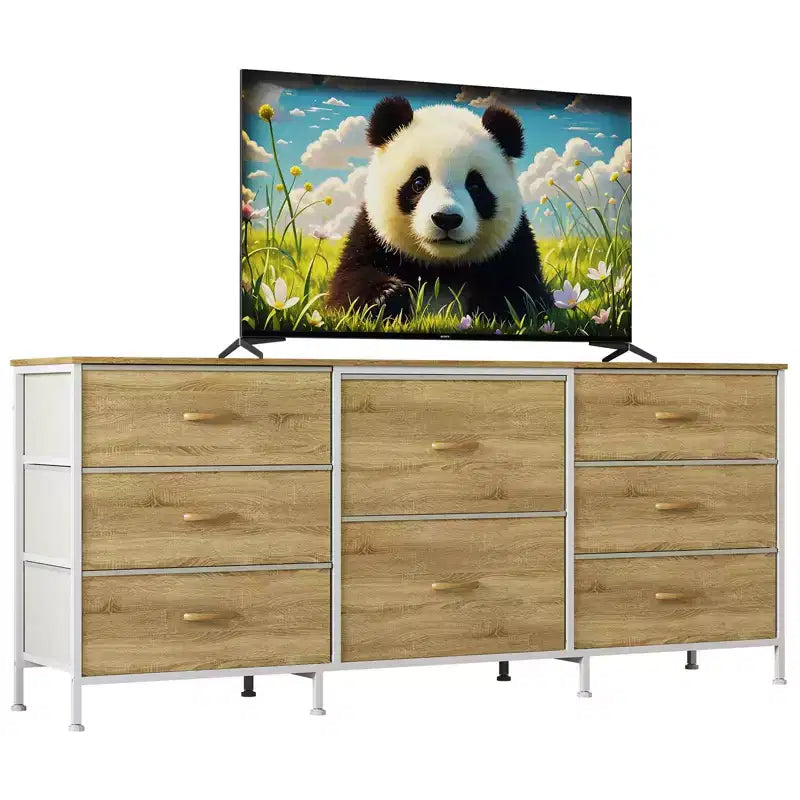 Meuble TV de 160 cm avec 8 tiroirs en tissu, meuble TV pour téléviseurs de 45 à 65 pouces, meuble de rangement en métal et bois pour salon et chambre à coucher