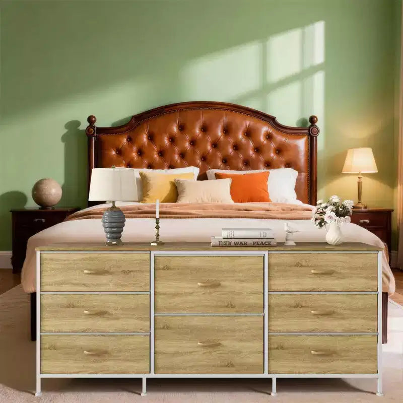 Meuble TV de 160 cm avec 8 tiroirs en tissu, meuble TV pour téléviseurs de 45 à 65 pouces, meuble de rangement en métal et bois pour salon et chambre à coucher