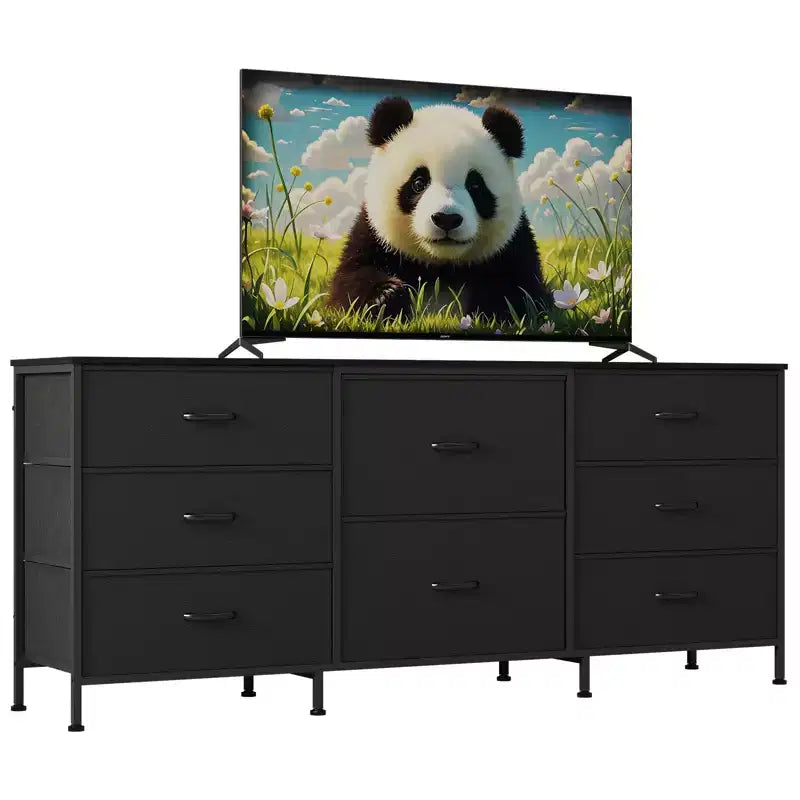 Meuble TV de 160 cm avec 8 tiroirs en tissu, meuble TV pour téléviseurs de 45 à 65 pouces, meuble de rangement en métal et bois pour salon et chambre à coucher