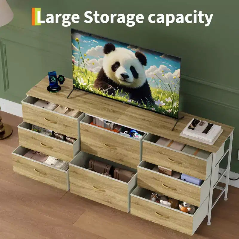 Meuble TV de 160 cm avec 8 tiroirs en tissu, meuble TV pour téléviseurs de 45 à 65 pouces, meuble de rangement en métal et bois pour salon et chambre à coucher