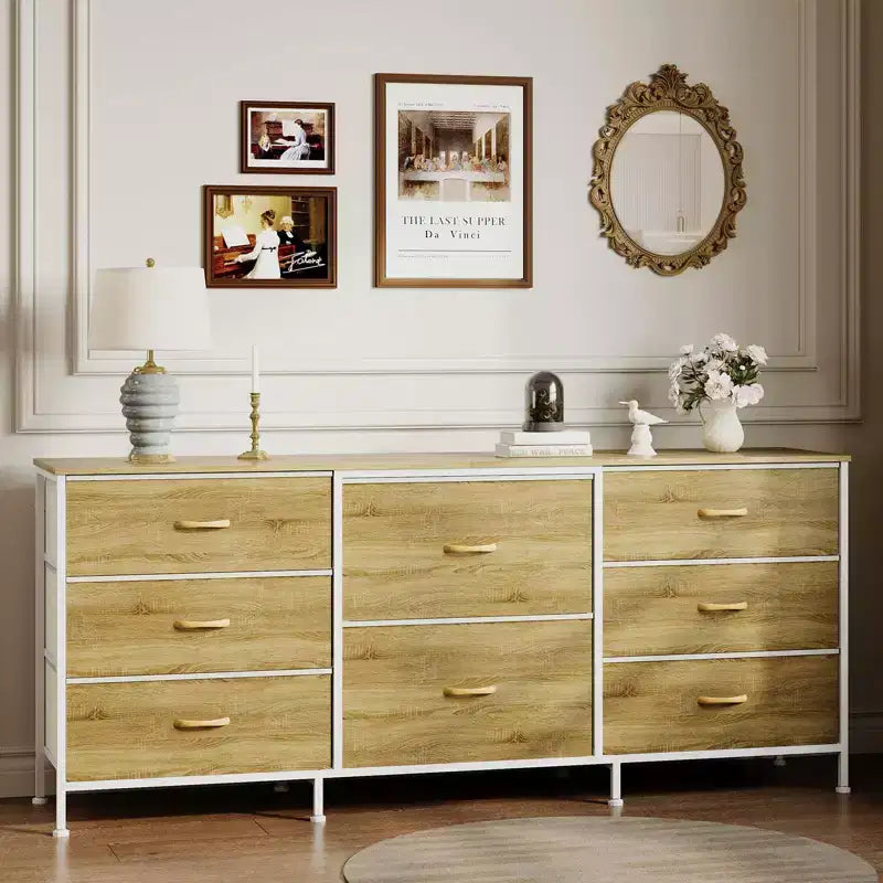 Meuble TV de 160 cm avec 8 tiroirs en tissu, meuble TV pour téléviseurs de 45 à 65 pouces, meuble de rangement en métal et bois pour salon et chambre à coucher