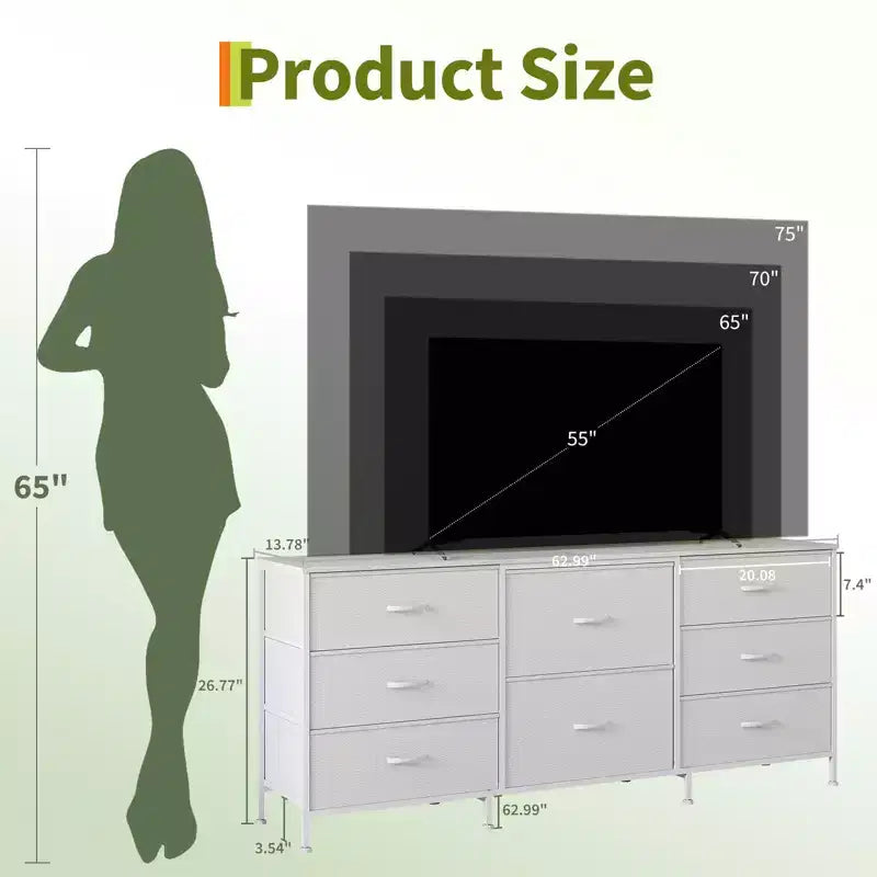 Meuble TV de 160 cm avec 8 tiroirs en tissu, meuble TV pour téléviseurs de 45 à 65 pouces, meuble de rangement en métal et bois pour salon et chambre à coucher