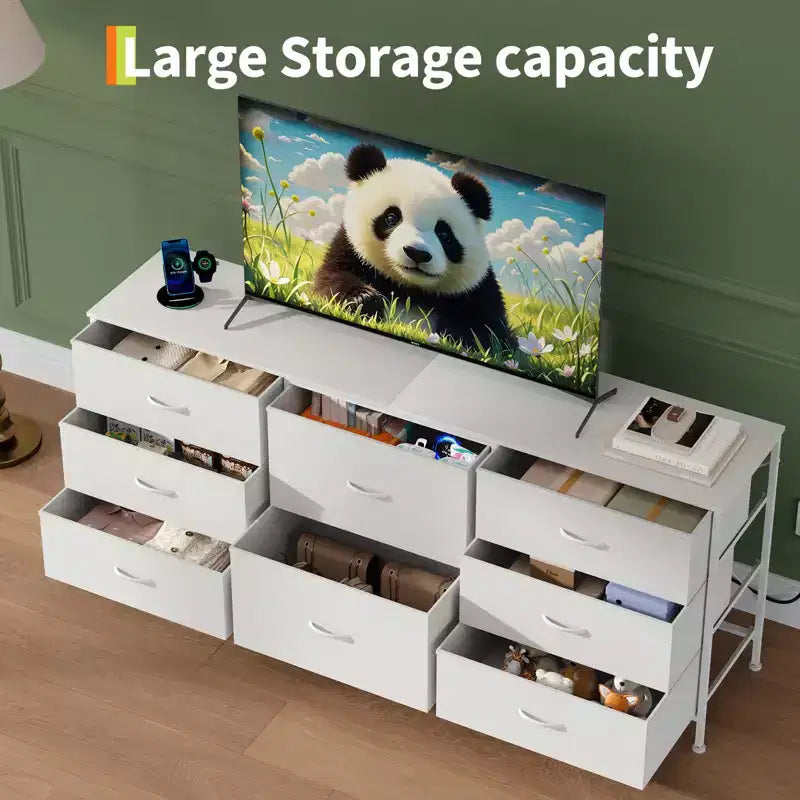 Meuble TV de 160 cm avec 8 tiroirs en tissu, meuble TV pour téléviseurs de 45 à 65 pouces, meuble de rangement en métal et bois pour salon et chambre à coucher