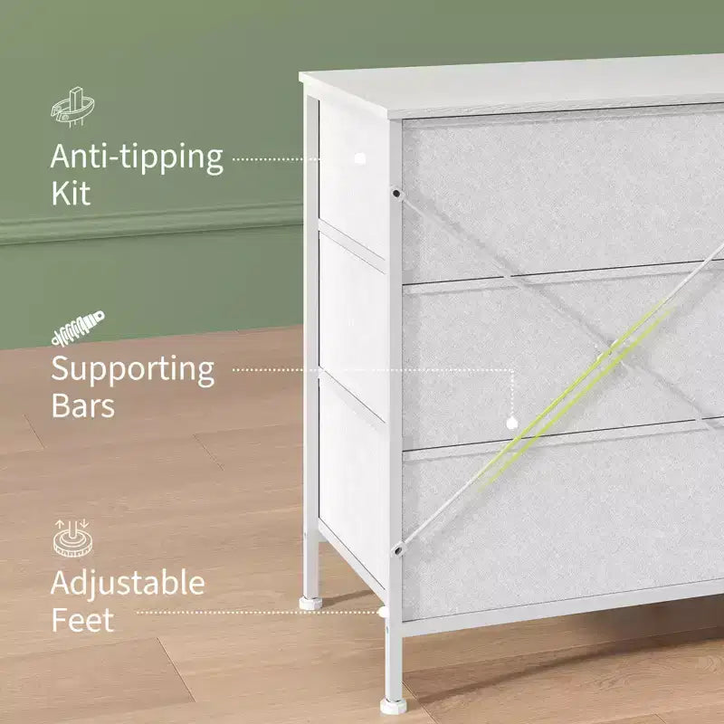 Meuble TV de 160 cm avec 8 tiroirs en tissu, meuble TV pour téléviseurs de 45 à 65 pouces, meuble de rangement en métal et bois pour salon et chambre à coucher