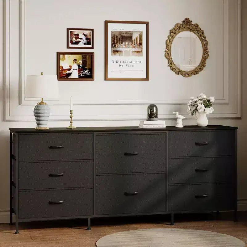 Meuble TV de 160 cm avec 8 tiroirs en tissu, meuble TV pour téléviseurs de 45 à 65 pouces, meuble de rangement en métal et bois pour salon et chambre à coucher