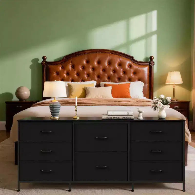 Meuble TV de 160 cm avec 8 tiroirs en tissu, meuble TV pour téléviseurs de 45 à 65 pouces, meuble de rangement en métal et bois pour salon et chambre à coucher