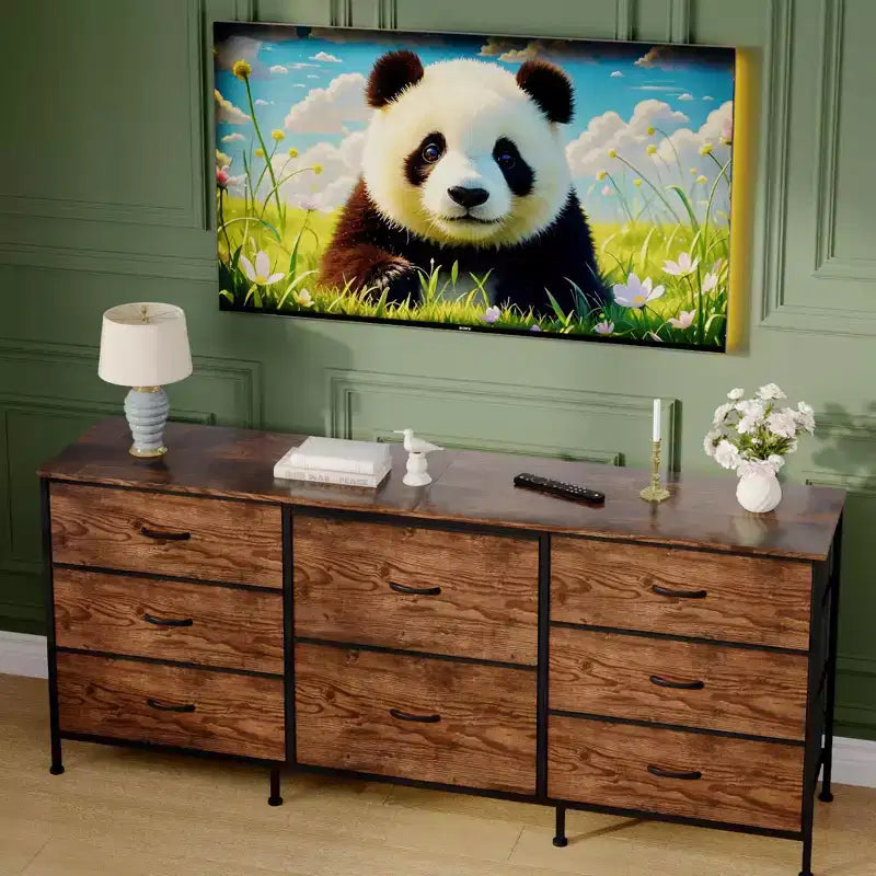 Meuble TV de 160 cm avec 8 tiroirs en tissu, meuble TV pour téléviseurs de 45 à 65 pouces, meuble de rangement en métal et bois pour salon et chambre à coucher