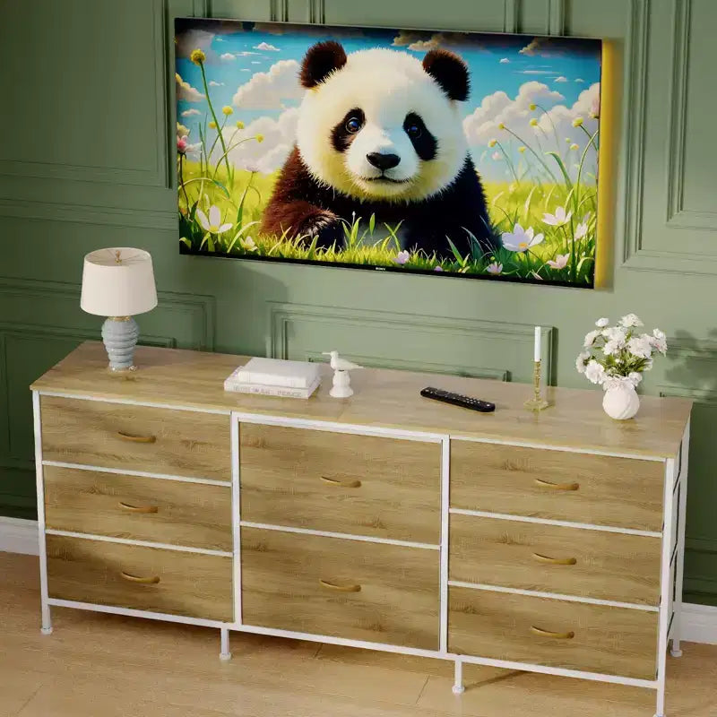 Meuble TV de 160 cm avec 8 tiroirs en tissu, meuble TV pour téléviseurs de 45 à 65 pouces, meuble de rangement en métal et bois pour salon et chambre à coucher