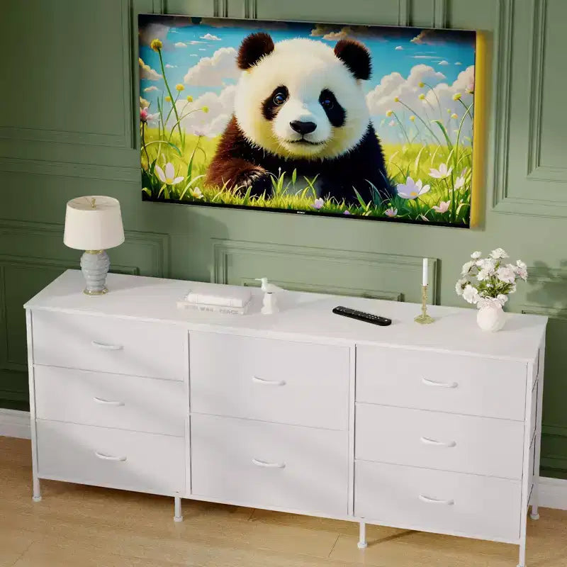 Meuble TV de 160 cm avec 8 tiroirs en tissu, meuble TV pour téléviseurs de 45 à 65 pouces, meuble de rangement en métal et bois pour salon et chambre à coucher