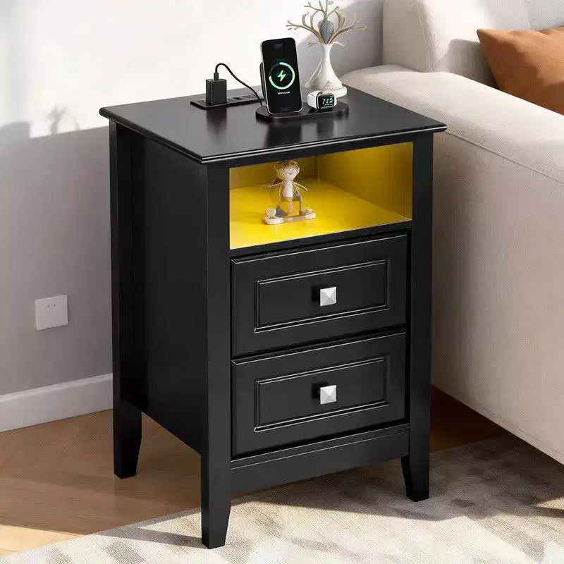 Table de Chevet Karl Home 15,75 Pouces avec 2 Tiroirs, Étagère, Prises Électriques et Lumières LED RGB