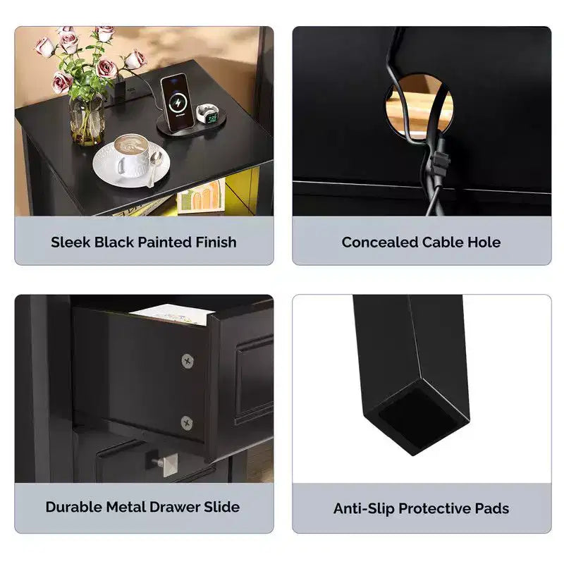 Table de Chevet Karl Home 15,75 Pouces avec 2 Tiroirs, Étagère, Prises Électriques et Lumières LED RGB