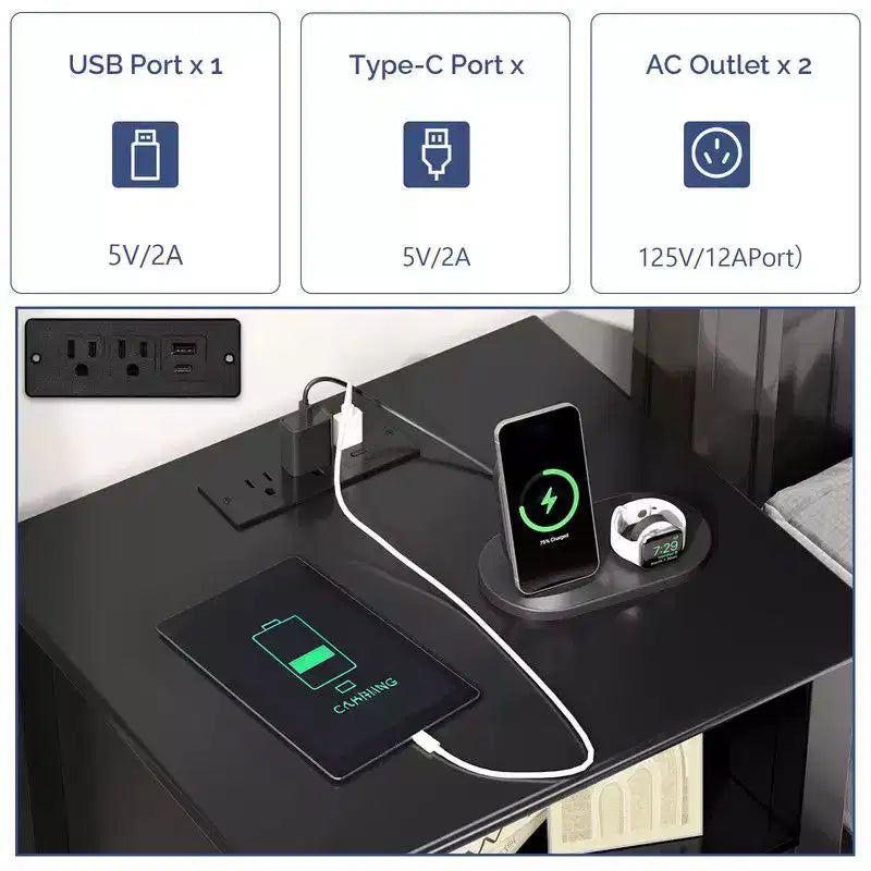 Table de Chevet Karl Home 15,75 Pouces avec 2 Tiroirs, Étagère, Prises Électriques et Lumières LED RGB