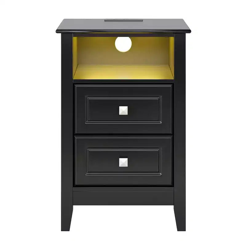 Table de Chevet Karl Home 15,75 Pouces avec 2 Tiroirs, Étagère, Prises Électriques et Lumières LED RGB