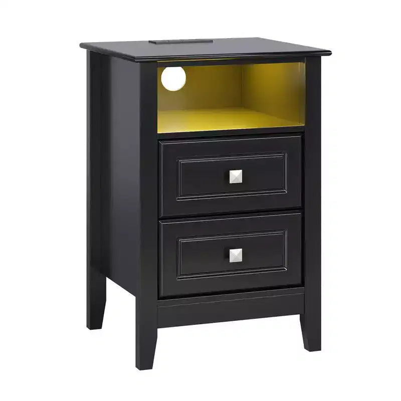 Table de Chevet Karl Home 15,75 Pouces avec 2 Tiroirs, Étagère, Prises Électriques et Lumières LED RGB