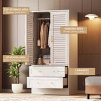 Armoire à persiennes 65", placard en bois durable avec tiroirs et tringle à vêtements, usage multiple pour la buanderie et l'entrée
