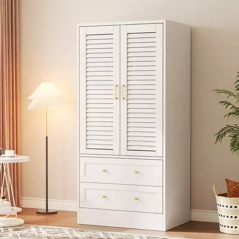 Armoire à persiennes 65", placard en bois durable avec tiroirs et tringle à vêtements, usage multiple pour la buanderie et l'entrée