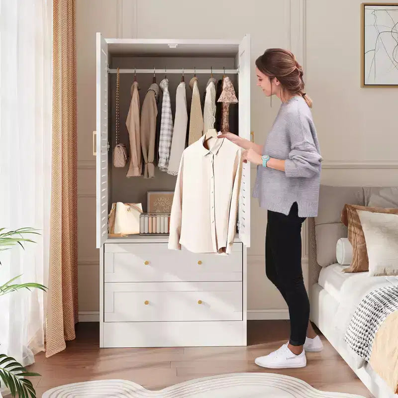 Armoire à persiennes 65", placard en bois durable avec tiroirs et tringle à vêtements, usage multiple pour la buanderie et l'entrée