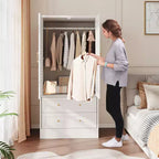 Armoire à persiennes 65", placard en bois durable avec tiroirs et tringle à vêtements, usage multiple pour la buanderie et l'entrée