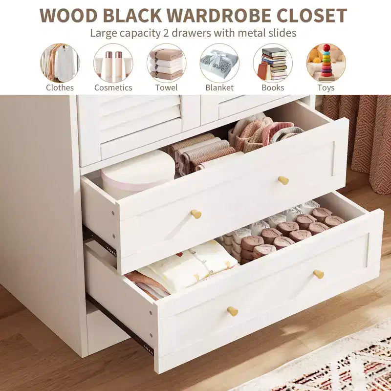 Armoire à persiennes 65", placard en bois durable avec tiroirs et tringle à vêtements, usage multiple pour la buanderie et l'entrée