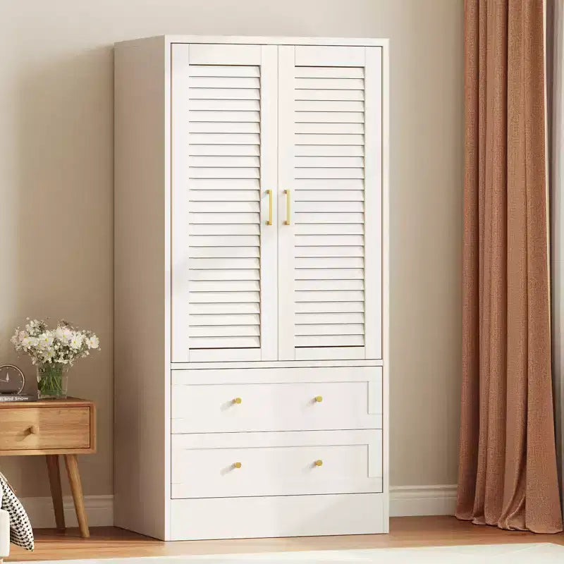 Armoire à persiennes 65", placard en bois durable avec tiroirs et tringle à vêtements, usage multiple pour la buanderie et l'entrée
